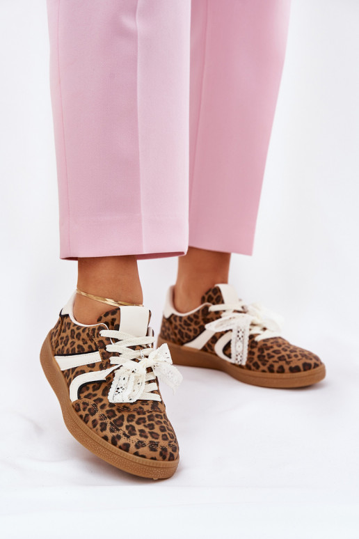 Scarpe sneakers basse da donna con lacci e stampa in pelo di leopardo color marrone Zielle