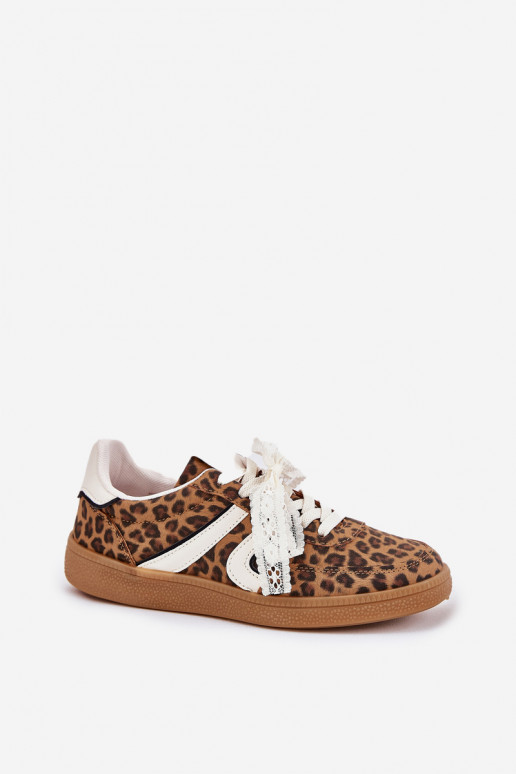 Scarpe sneakers basse da donna con lacci e stampa in pelo di leopardo color marrone Zielle