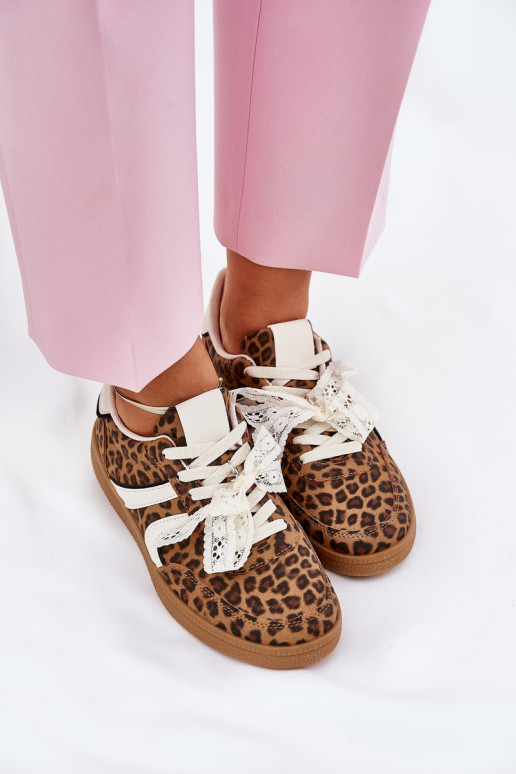 Scarpe sneakers basse da donna con lacci e stampa in pelo di leopardo color marrone Zielle