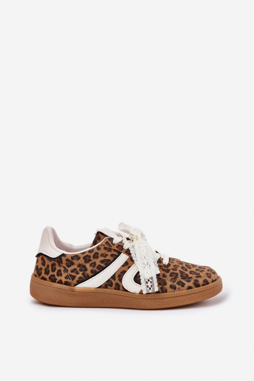 Scarpe sneakers basse da donna con lacci e stampa in pelo di leopardo color marrone Zielle