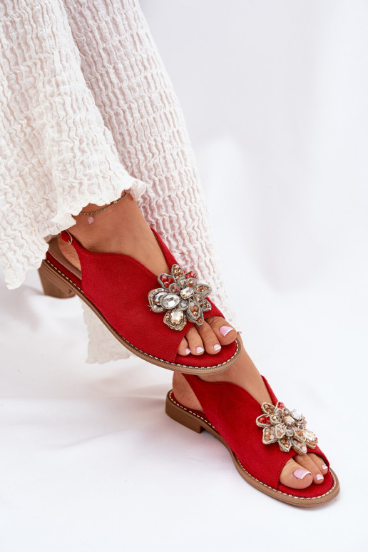 Sandali da donna con tacchi larghi con ornamenti S.Barski KV27-001 colore rosso