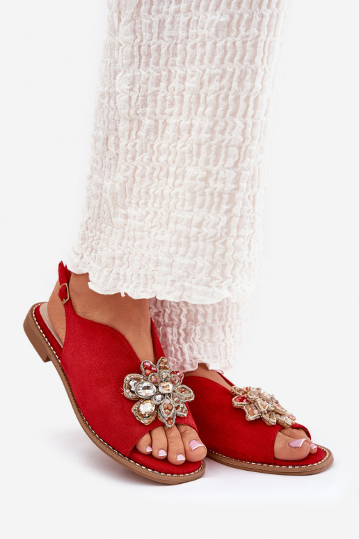 Sandali da donna con tacchi larghi con ornamenti S.Barski KV27-001 colore rosso