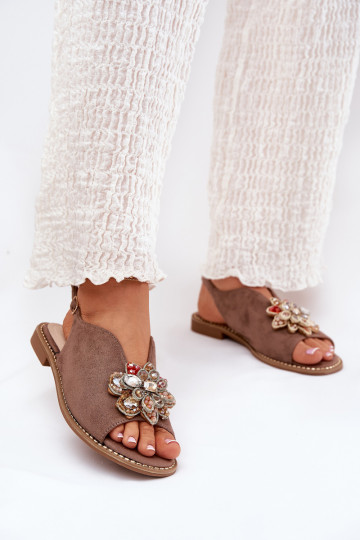 Sandali da donna con tacchi larghi con ornamenti S.Barski KV27-001 beige