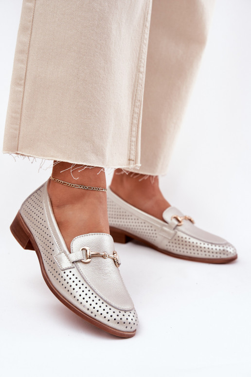 Pelle mocassini da donna con ornamenti con tacchi larghi S.Barski LR51-594 color argento