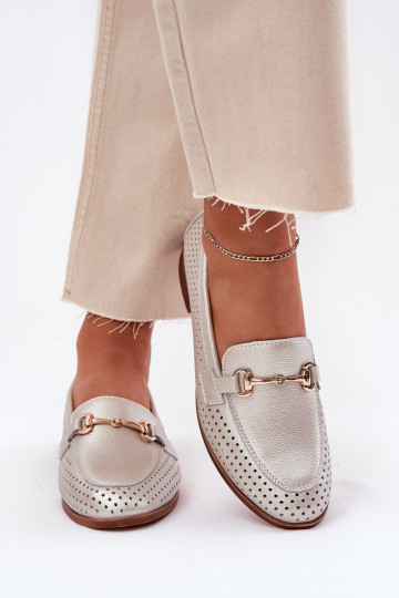 Pelle mocassini da donna con ornamenti con tacchi larghi S.Barski LR51-594 color argento 2