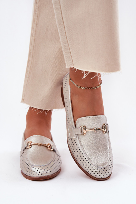 Pelle mocassini da donna con ornamenti con tacchi larghi S.Barski LR51-594 color argento