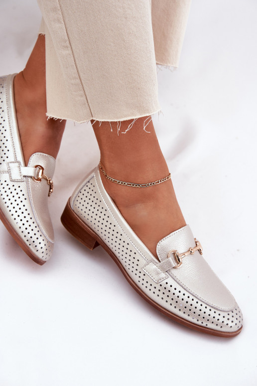 Pelle mocassini da donna con ornamenti con tacchi larghi S.Barski LR51-594 color argento