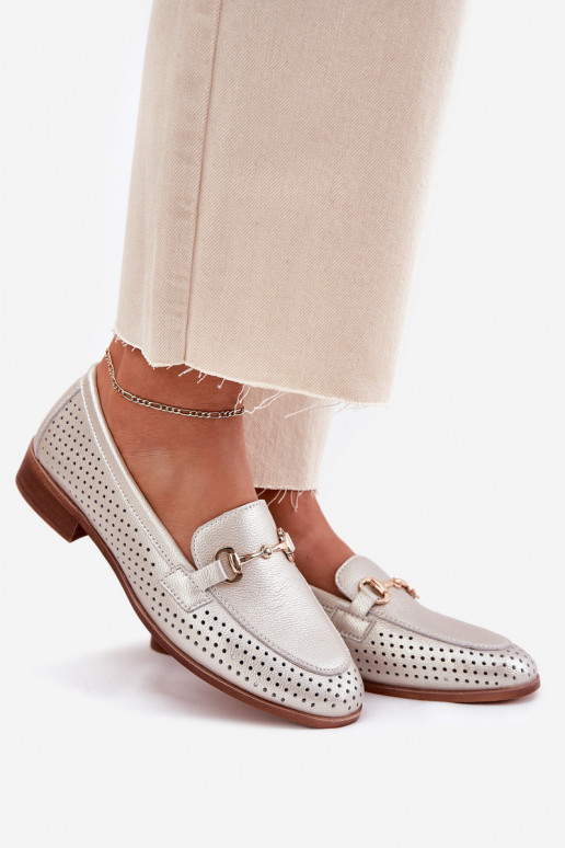 Pelle mocassini da donna con ornamenti con tacchi larghi S.Barski LR51-594 color argento