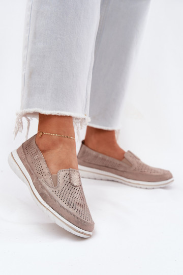 Pelle scamosciata traforata scarpe mocassini da donna colore dorato Redileine 2