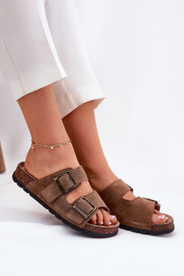 pantofole in pelle scamosciata con fibbie Femminile Panto Fino RR267024 colore marrone