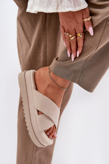 Pantofole da donna con plateau e cinturini intrecciati, color sabbia, "Rinasara" 2