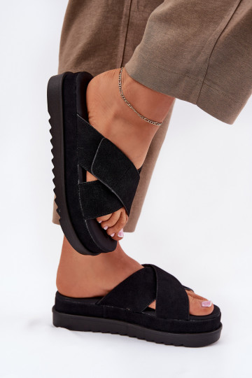 Pantofole da donna con plateau e cinturini intrecciati, nere, "Rinasara"