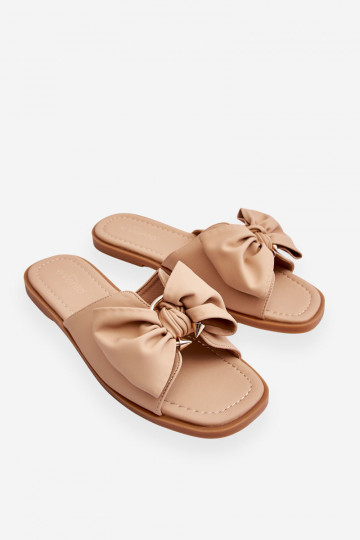 Pantofole da donna in pelle con fiocchi, color sabbia, "Becky" 2