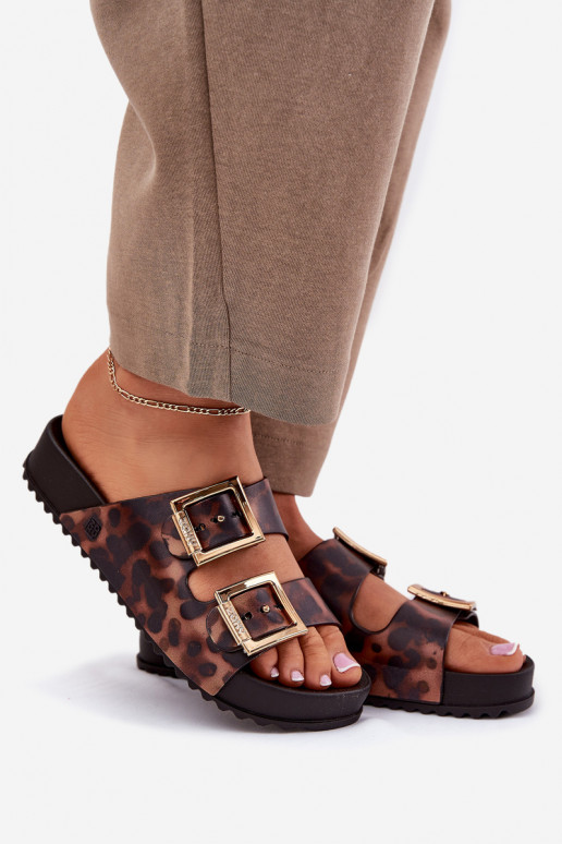 Fragrante Pantofole da donna con fibbie con motivi di pelliccia di leopardo ZAXY RR285059 colore marrone