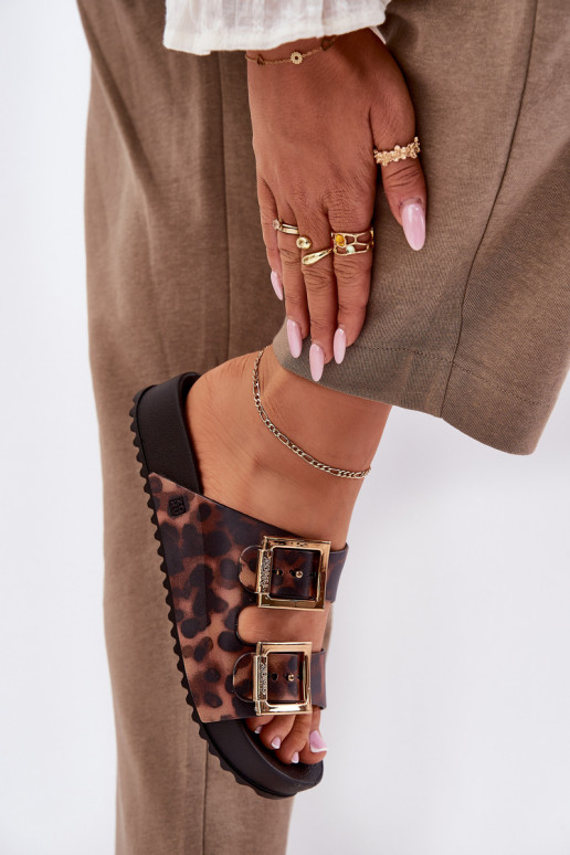 Fragrante Pantofole da donna con fibbie con motivi di pelliccia di leopardo ZAXY RR285059 colore marrone