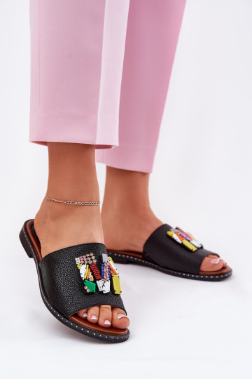 Pantofole da donna con tacchi larghi con ornamenti colore nero Clelione 2