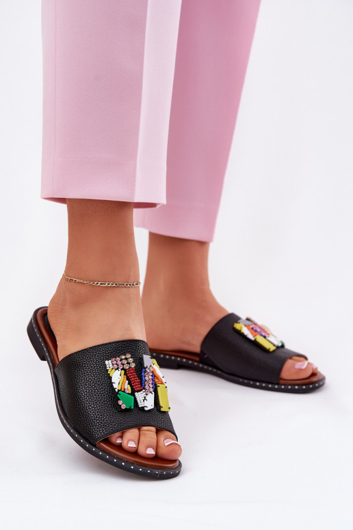 Pantofole da donna con tacchi larghi con ornamenti colore nero Clelione