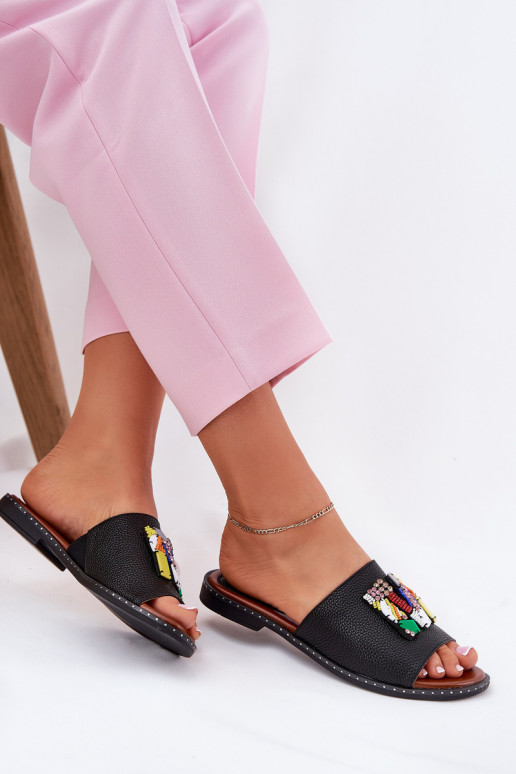 Pantofole da donna con tacchi larghi con ornamenti colore nero Clelione