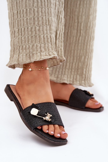 Pantofole da donna nere con tacco largo e fiocchi, "Sallariela"