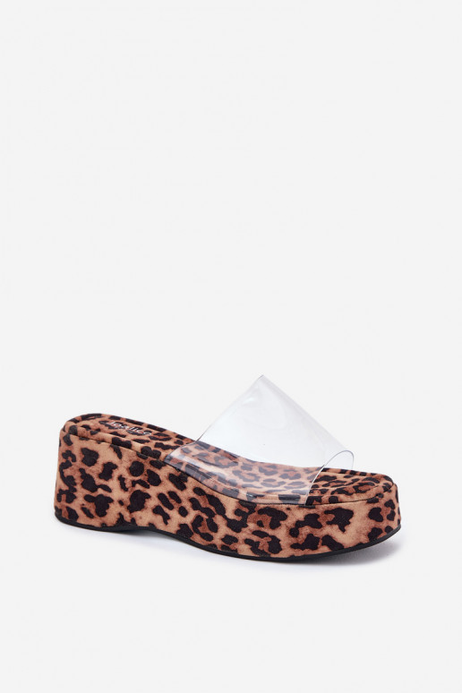 Pantofole da donna Z Transparentnym Strisceem Su un cuneo con motivi di pelliccia di leopardo Meltiana Pantofole da donna Z Transparentnym Strisceem Su un cuneo con motivi di pelliccia di leopardo Meltiana