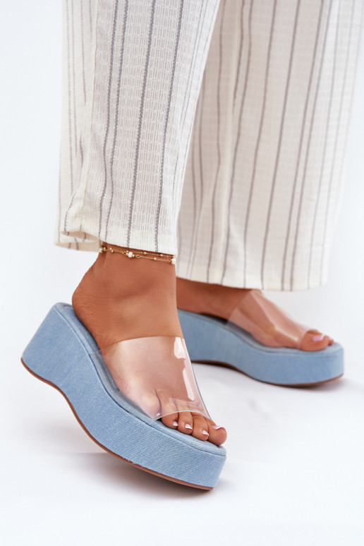 Pantofole da donna Z Transparentnym Strisceem Su un cuneo Deveteriale denim Meltiana Pantofole da donna Z Transparentnym Strisceem Su un cuneo Deveteriale denim Meltiana