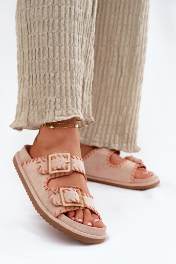 Pantofole da donna con fibbie I Ozdobnym Obszyciem beige Visley