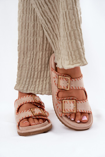 Pantofole da donna con fibbie I Ozdobnym Obszyciem beige Visley 2