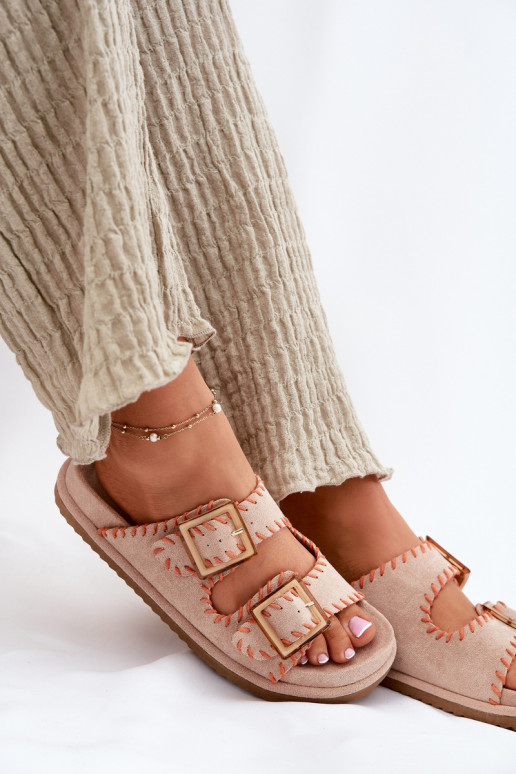 Pantofole da donna con fibbie I Ozdobnym Obszyciem beige Visley