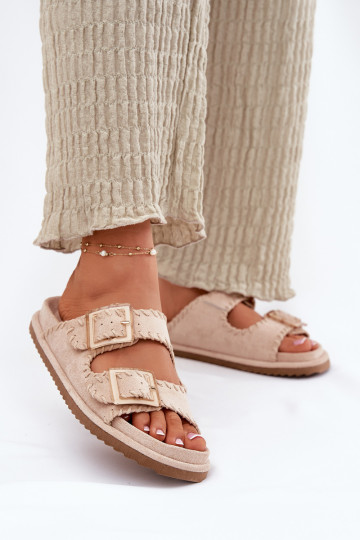 Pantofole da donna con fibbie I Ozdobnym Obszyciem beige Visley