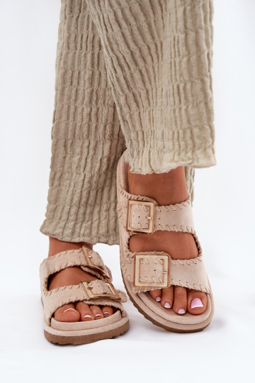 Pantofole da donna con fibbie I Ozdobnym Obszyciem beige Visley 2