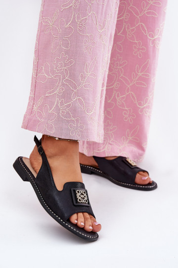 Stile elegante Sandali da donna con tacchi larghi con ornamenti S.Barski KV51-082 colore nero