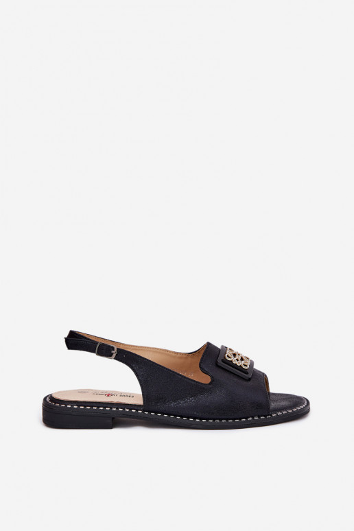 Stile elegante Sandali da donna con tacchi larghi con ornamenti S.Barski KV51-082 colore nero