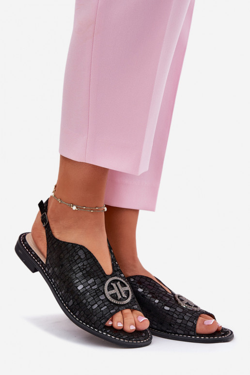 Sandali da donna con tacchi larghi con ornamenti S.Barski KV51-094 colore nero