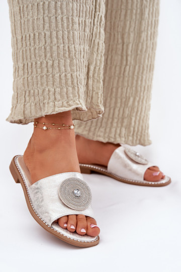 Pantofole da donna con tacchi larghi con ornamenti S.Barski KV51-013 color argento