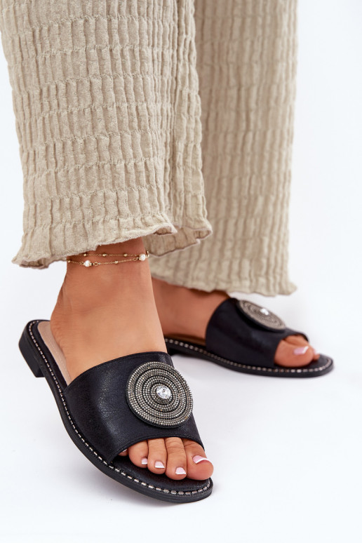 Pantofole da donna con tacchi larghi con ornamenti S.Barski KV51-013 colore nero