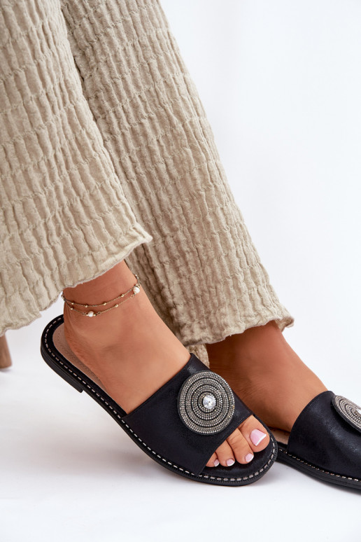 Pantofole da donna con tacchi larghi con ornamenti S.Barski KV51-013 colore nero