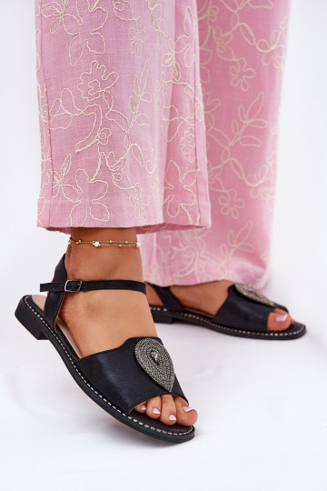 Sandali da donna con tacchi larghi con ornamenti S.Barski KV51-098 colore nero