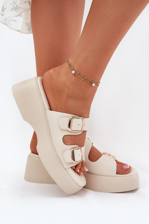 Pantofole da donna Su un cuneo e piattaforma con fibbie colore avorio Nitarelia