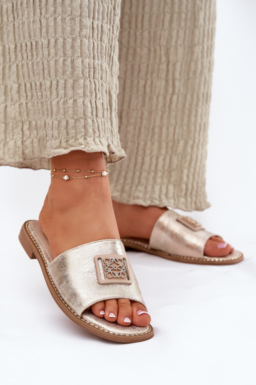 Pantofole piatte da donna con ornamenti S.Barski KV51-089 colore dorato