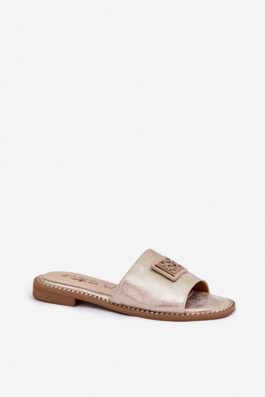 Pantofole piatte da donna con ornamenti S.Barski KV51-089 colore dorato