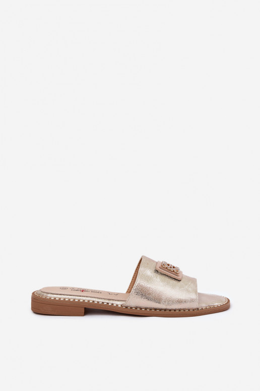 Pantofole piatte da donna con ornamenti S.Barski KV51-089 colore dorato