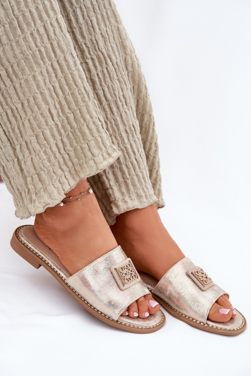 Pantofole piatte da donna con ornamenti S.Barski KV51-089 colore dorato