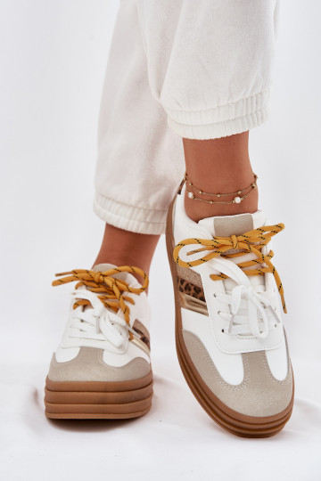 Scarpe sportive da donna bianche con piattaforma, lacci doppi e motivo leopardato, „Niteria"