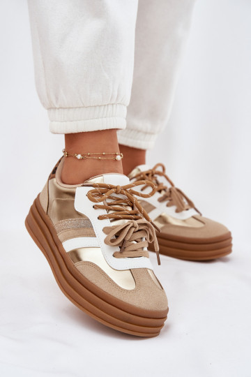 Scarpe sportive da donna color oro con piattaforma, lacci doppi e motivo leopardato, „Niteria"