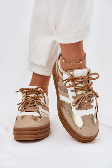 Scarpe sportive da donna color oro con piattaforma, lacci doppi e motivo leopardato, „Niteria" 2
