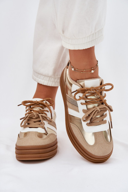 Scarpe modello sneakers Femminile con una piattaforma Z PodAójnym Allacciaturam con motivi di pelliccia di leopardo colore dorat