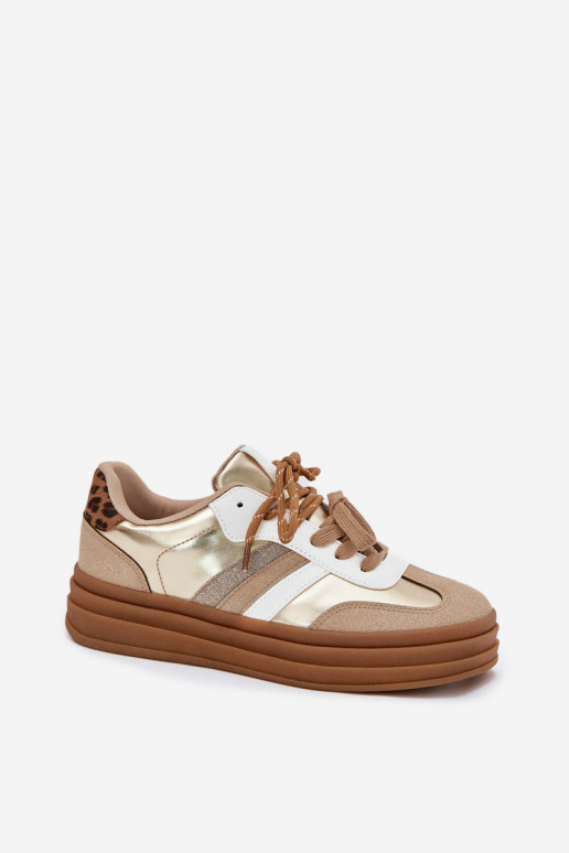 Scarpe modello sneakers Femminile con una piattaforma Z PodAójnym Allacciaturam con motivi di pelliccia di leopardo colore dorat