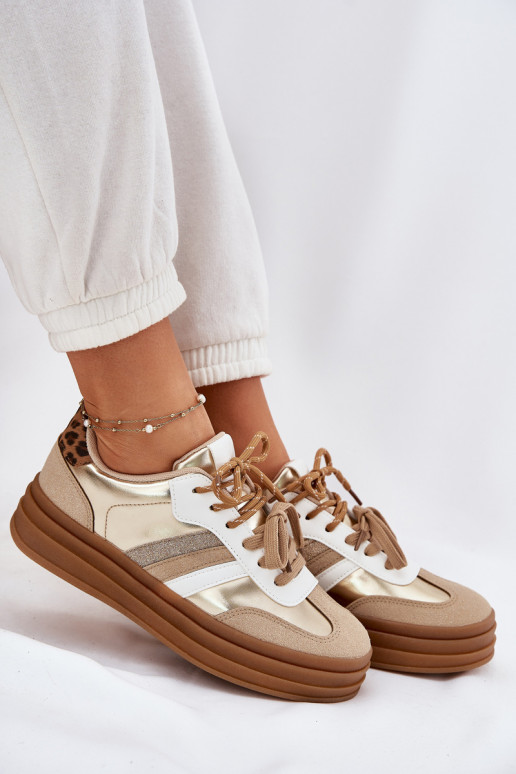 Scarpe modello sneakers Femminile con una piattaforma Z PodAójnym Allacciaturam con motivi di pelliccia di leopardo colore dorat