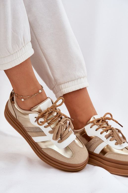 Scarpe modello sneakers Femminile con una piattaforma Z PodAójnym Allacciaturam con motivi di pelliccia di leopardo colore dorat