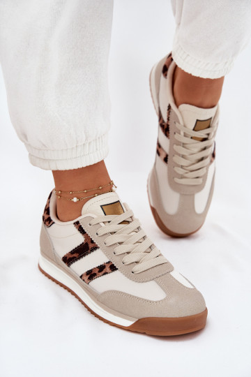 Basso Scarpe modello sneakers Femminile con motivi di pelliccia di leopardo beige Rulaana